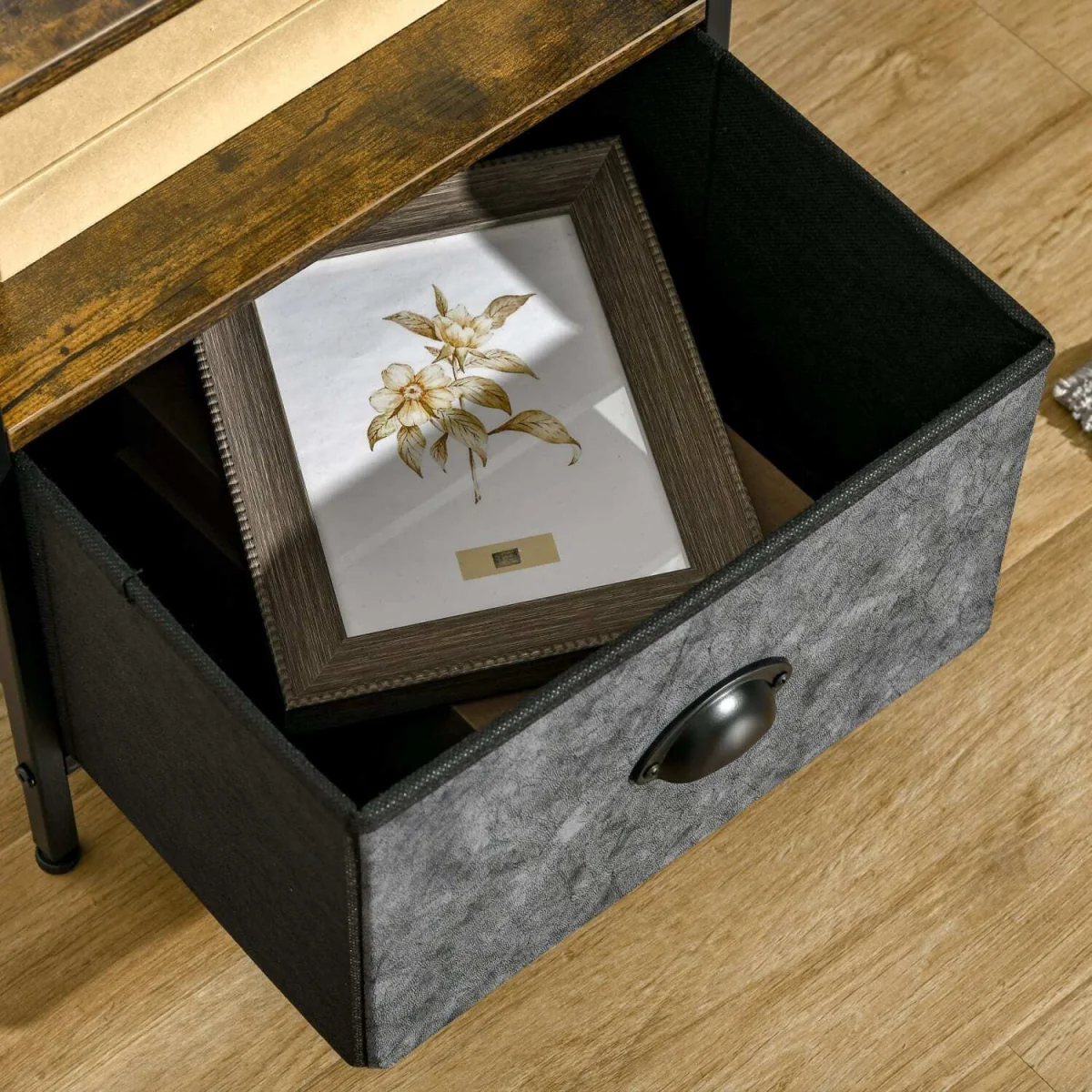 Nehayo Set of 2 Rustic Brown Bedside Tables with Grey Fabric Drawers – image 6