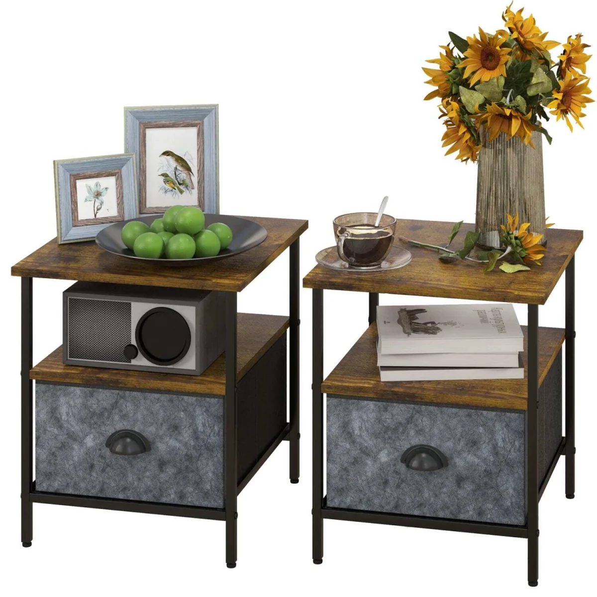 Nehayo Set of 2 Rustic Brown Bedside Tables with Grey Fabric Drawers – image 7