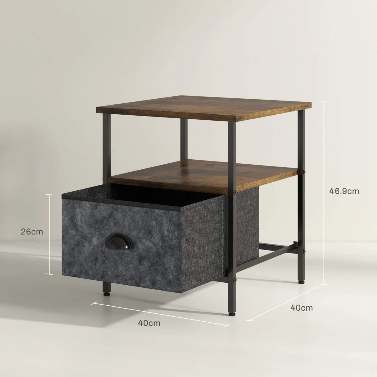 Nehayo Set of 2 Rustic Brown Bedside Tables with Grey Fabric Drawers – image 9