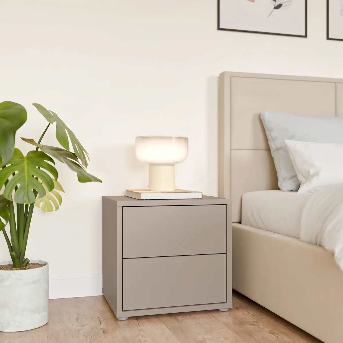 Alice Springs Low Bedside Cabinet with 2 Drawers Push-Open in Taupe - Terracotta – image 2