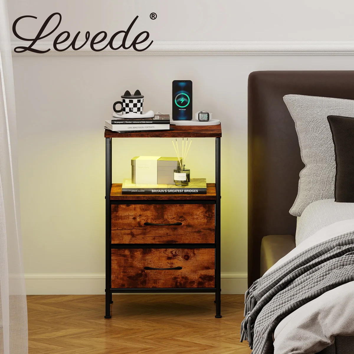 LED Bedside Table 2 Drawers USB Ports Sofa End Table in Brown Black - Brown – image 2