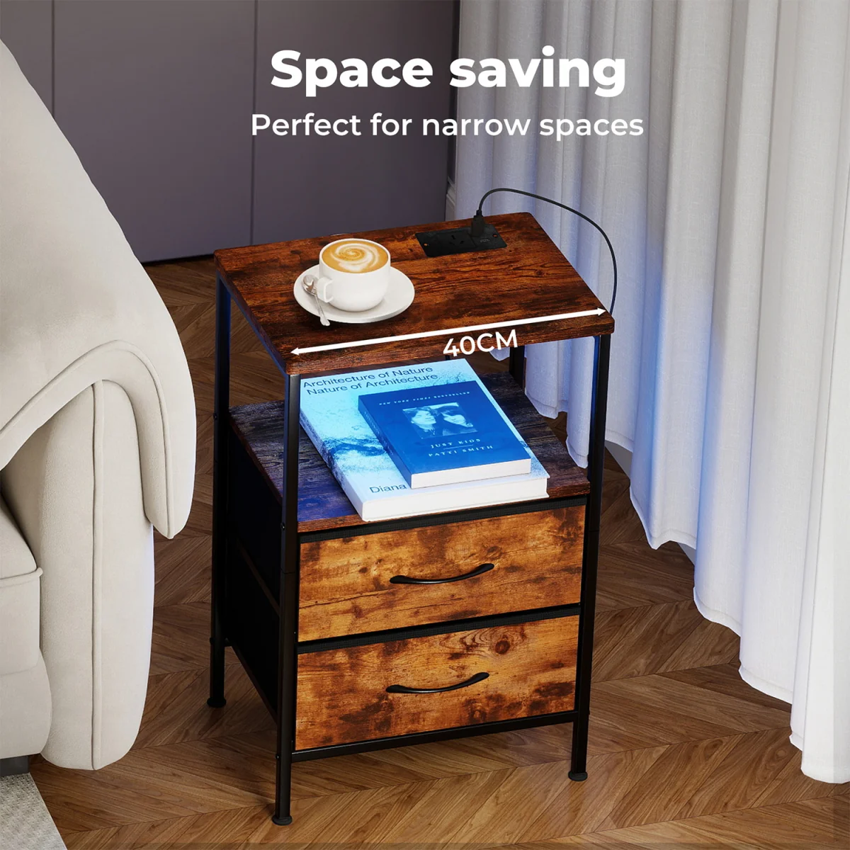 LED Bedside Table 2 Drawers USB Ports Sofa End Table in Brown Black - Brown – image 3