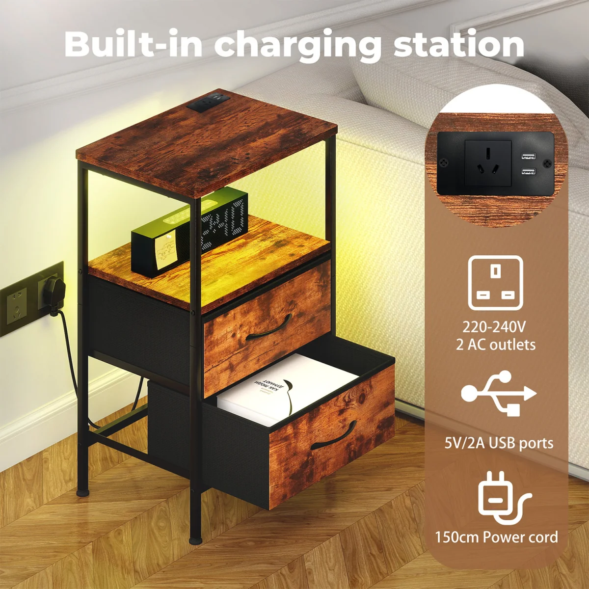 LED Bedside Table 2 Drawers USB Ports Sofa End Table in Brown Black - Brown – image 4