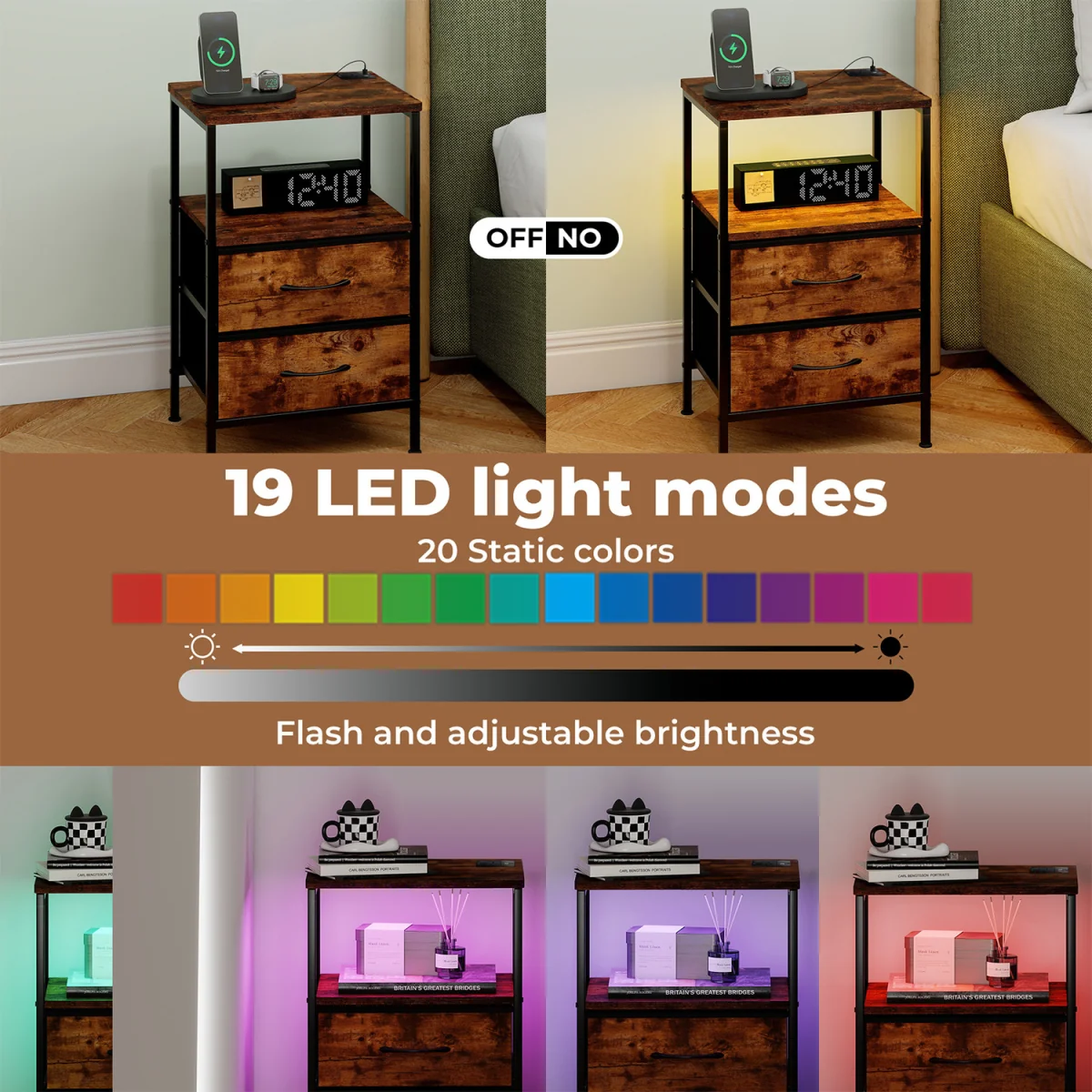 LED Bedside Table 2 Drawers USB Ports Sofa End Table in Brown Black - Brown – image 5