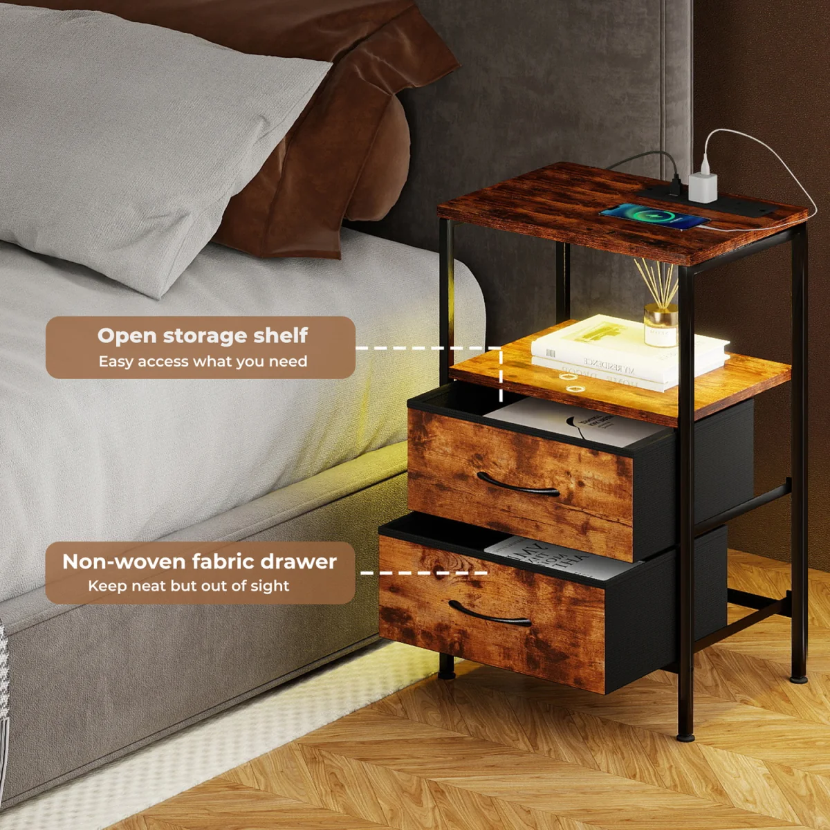 LED Bedside Table 2 Drawers USB Ports Sofa End Table in Brown Black - Brown – image 6