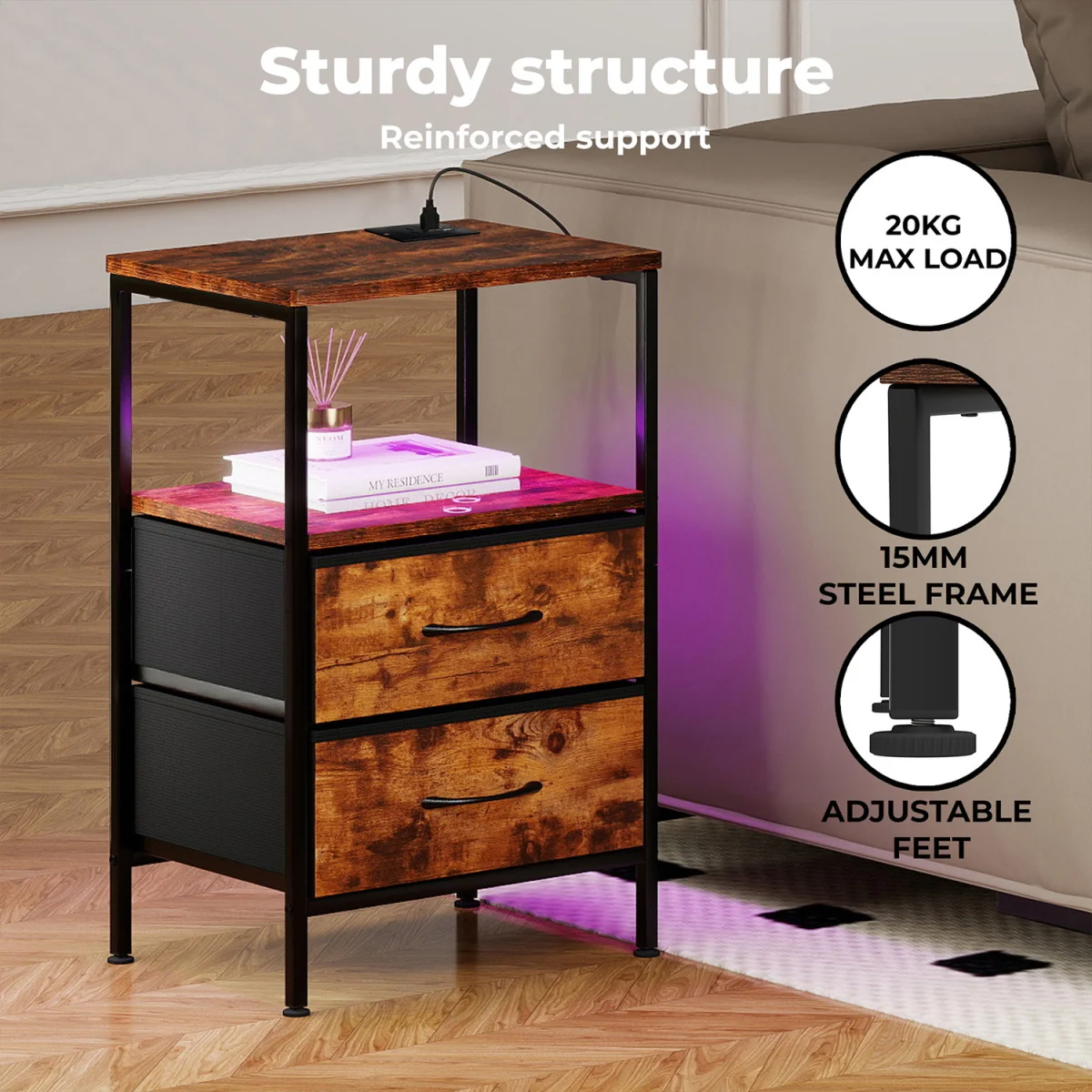 LED Bedside Table 2 Drawers USB Ports Sofa End Table in Brown Black - Brown – image 7