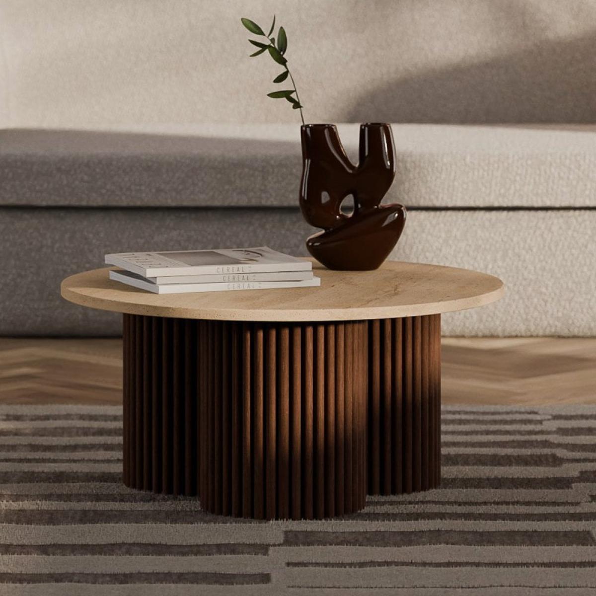 Skylar Round Coffee Table, Dark Mango Wood & Travertine – image 1