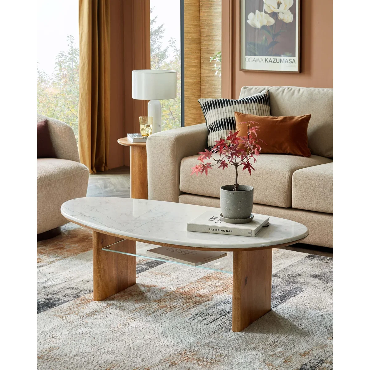 Cara light mango wood marble top coffee table – image 2