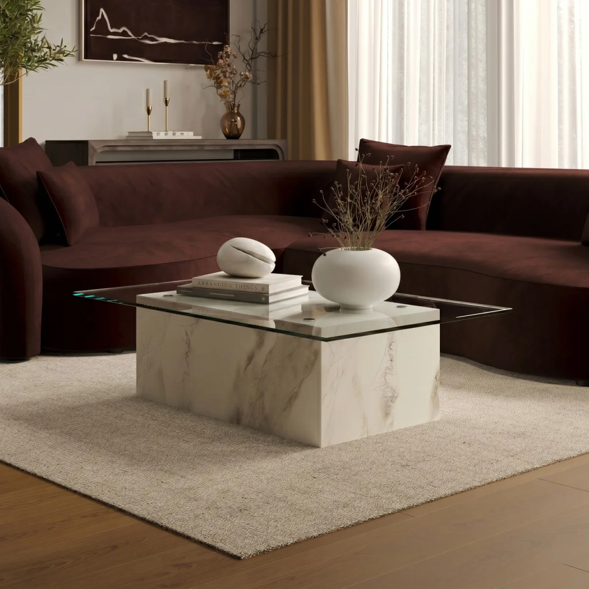 Large Rectangular Glass and White Marble Effect Coffee Table - Celine – image 2