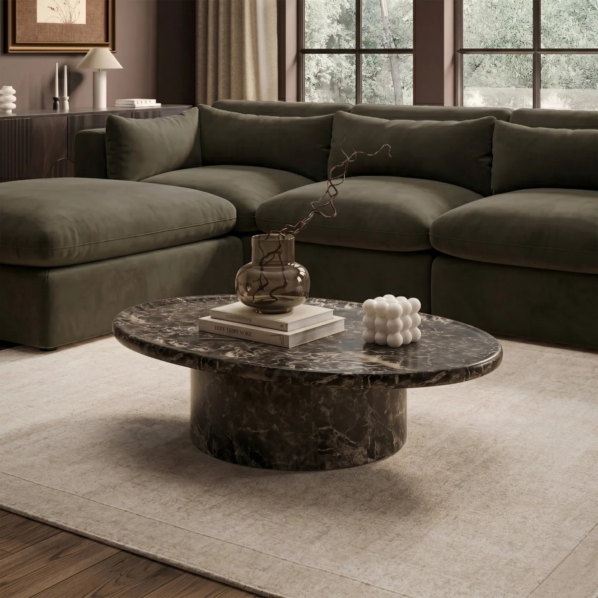 Large Brown Marble Effect Oval Coffee Table - Arrezzo – image 1
