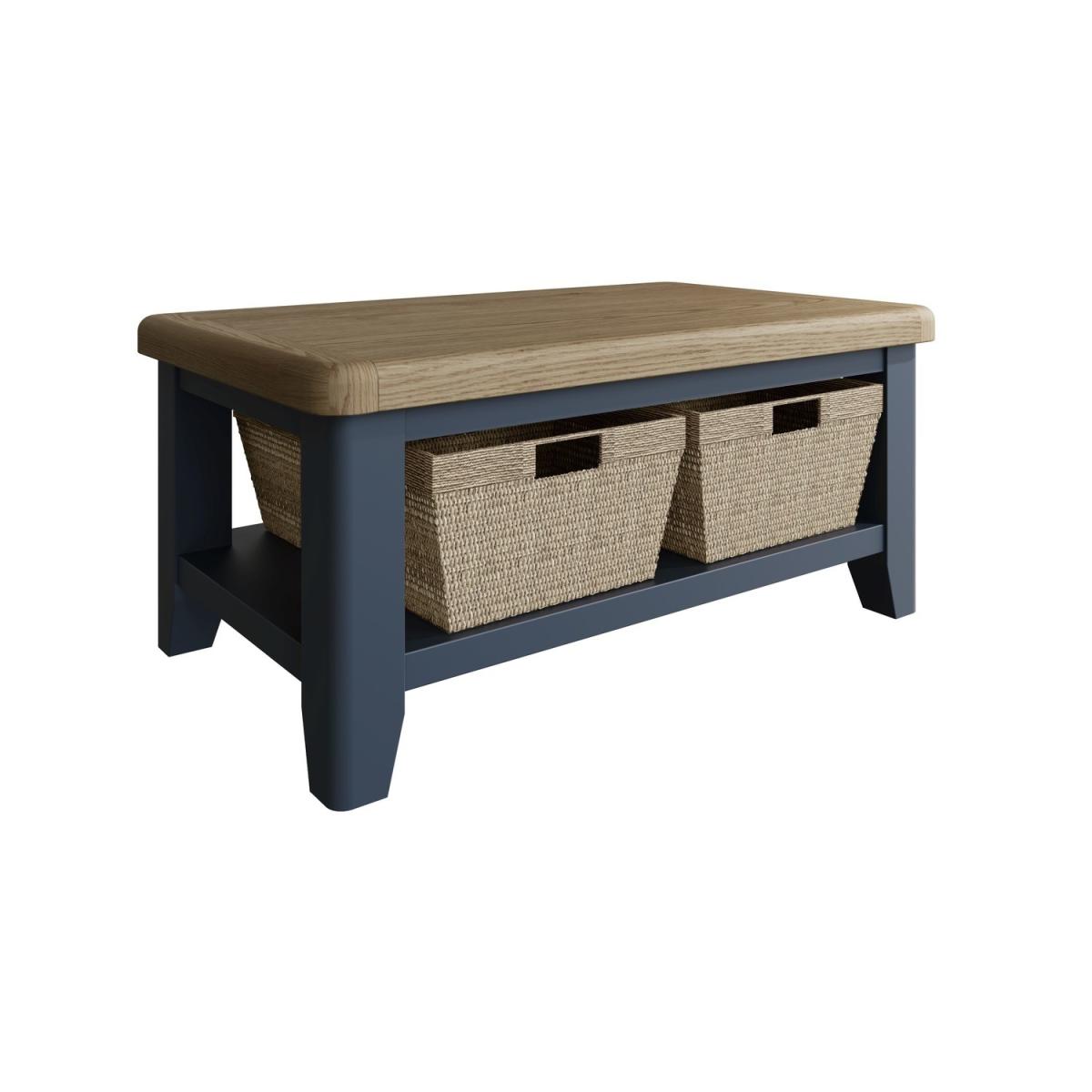 Oak & Blue Coffee Table 100cm with Wicker Baskets – image 2
