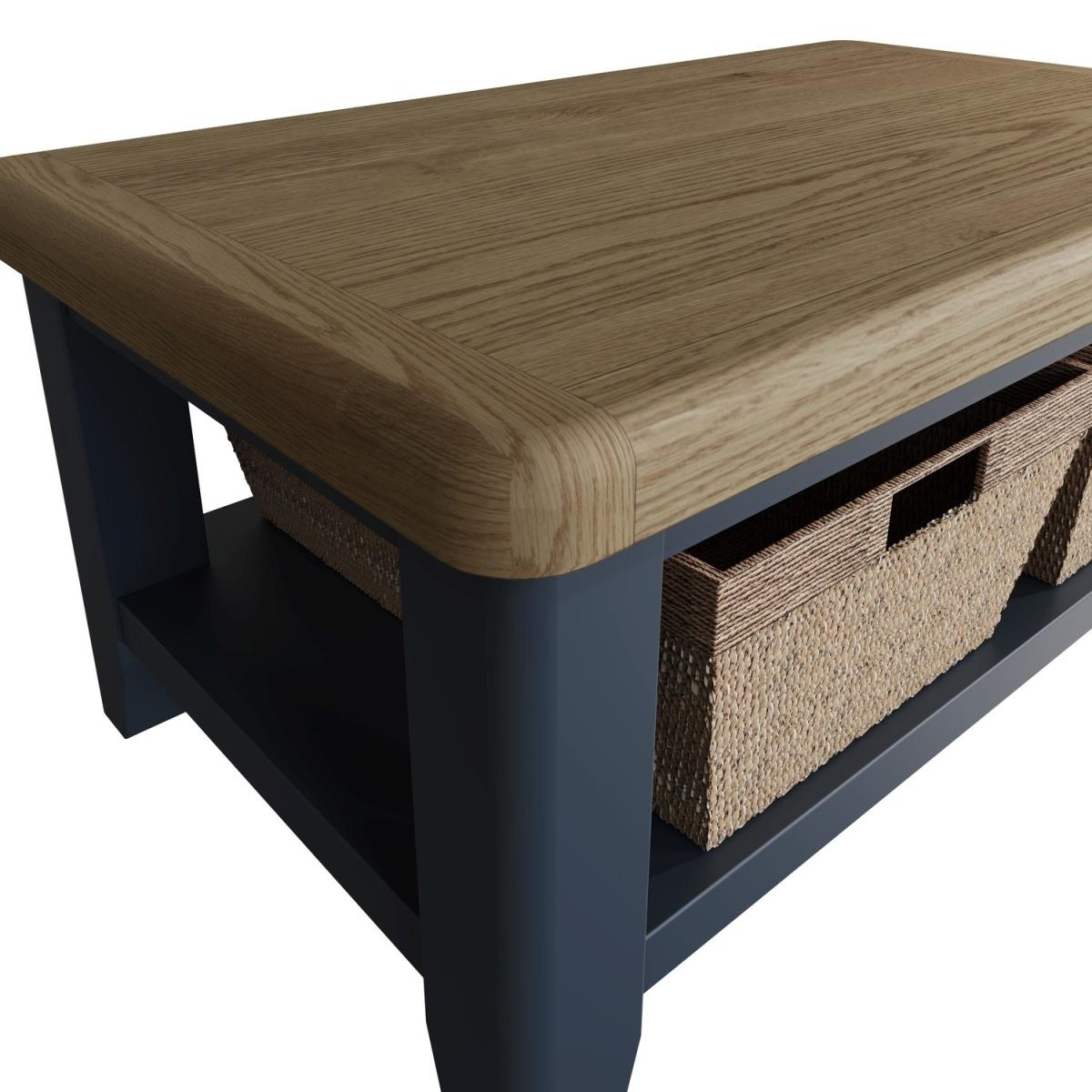 Oak & Blue Coffee Table 100cm with Wicker Baskets – image 5