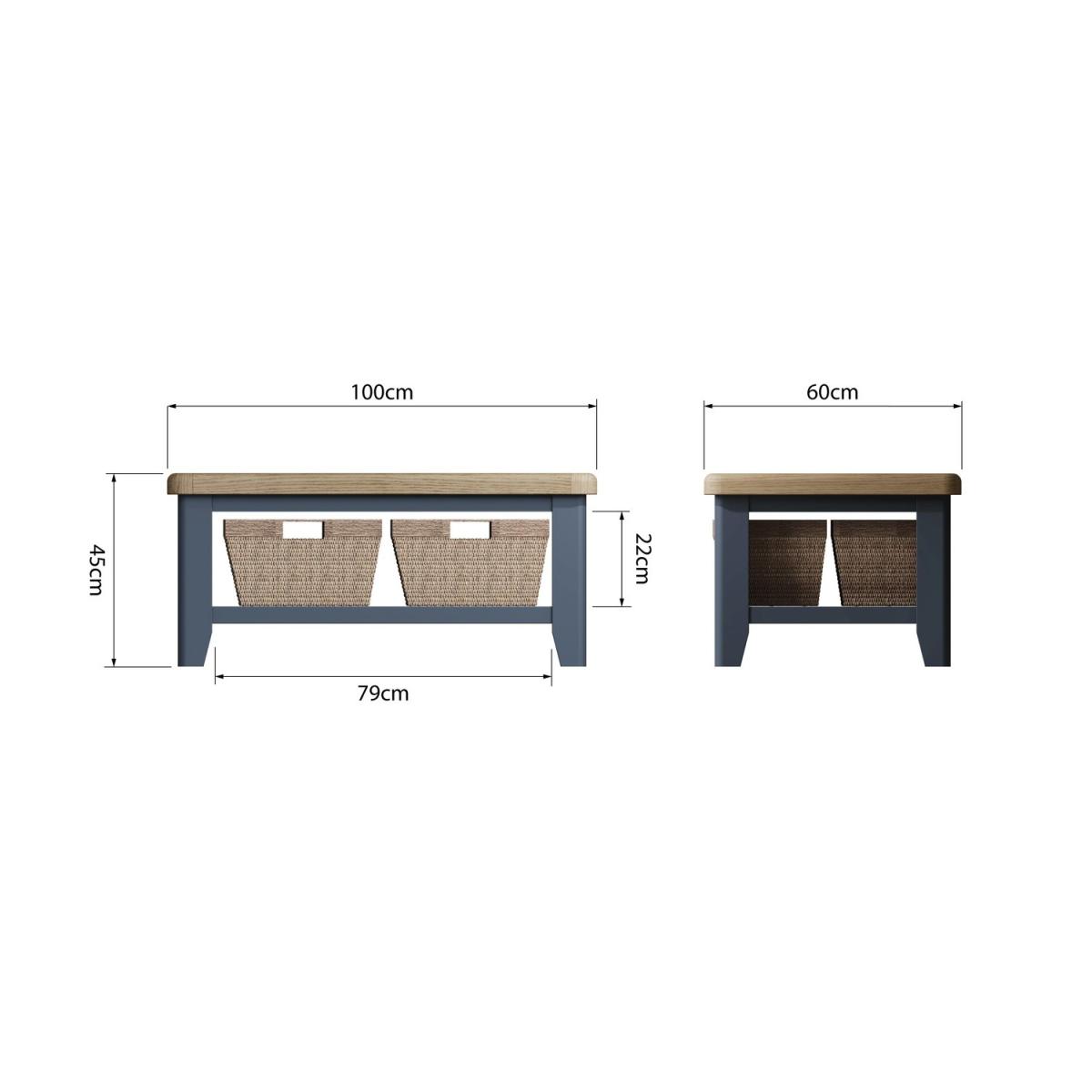 Oak & Blue Coffee Table 100cm with Wicker Baskets – image 6