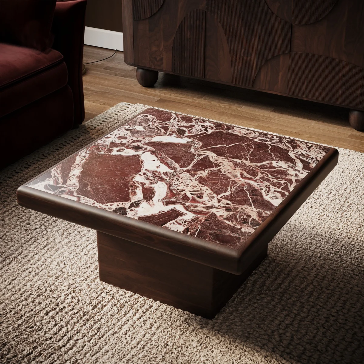 Large Mango Wood and Red Marble Square Coffee Table - Rana – image 2