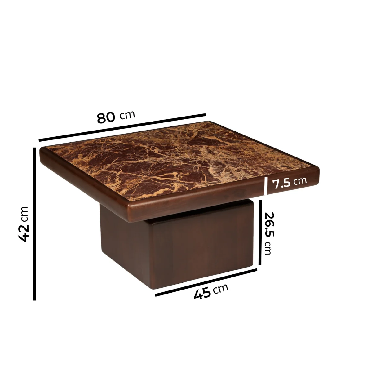 Large Mango Wood and Red Marble Square Coffee Table - Rana – image 3