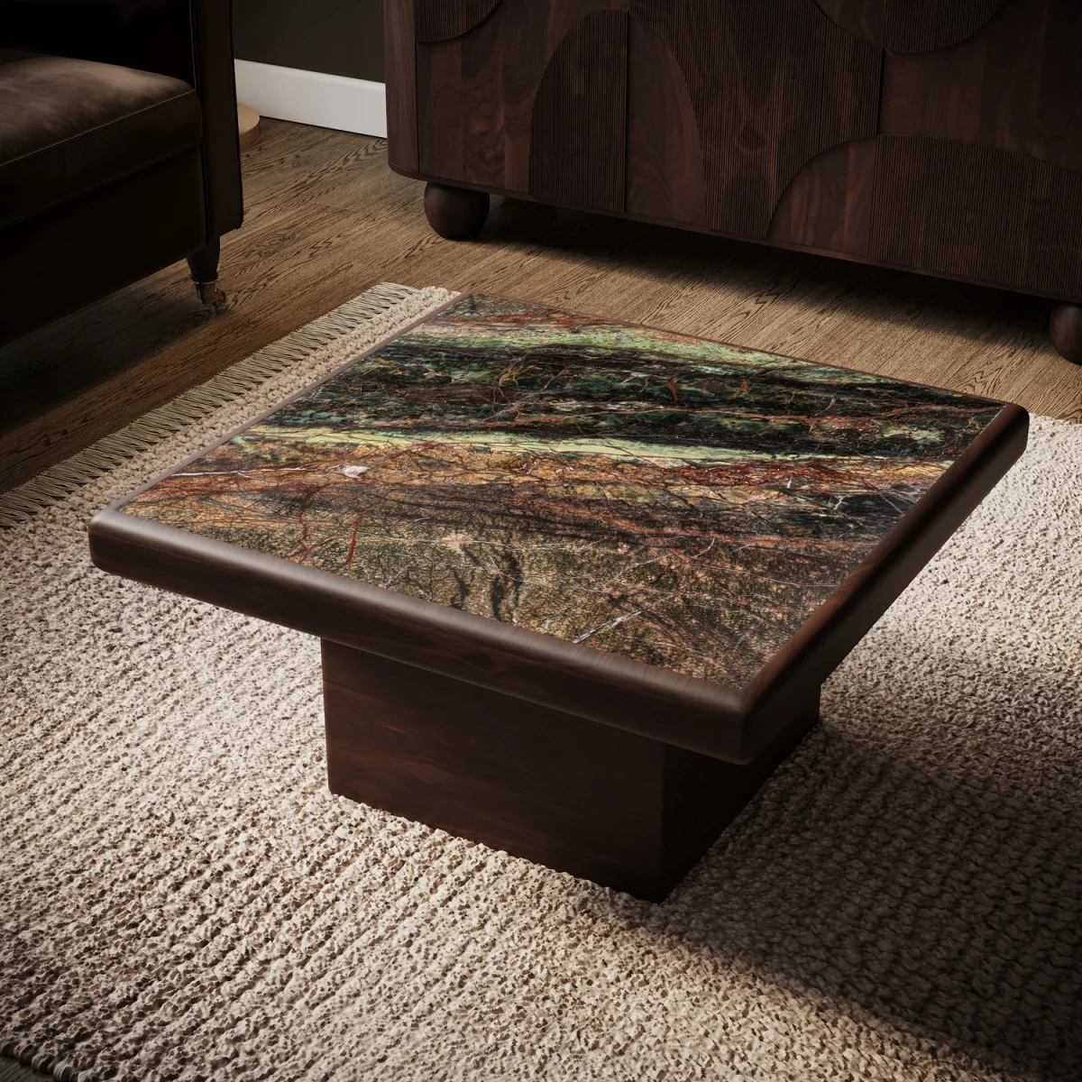 Large Mango Wood and Green Marble Square Coffee Table - Rana – image 2