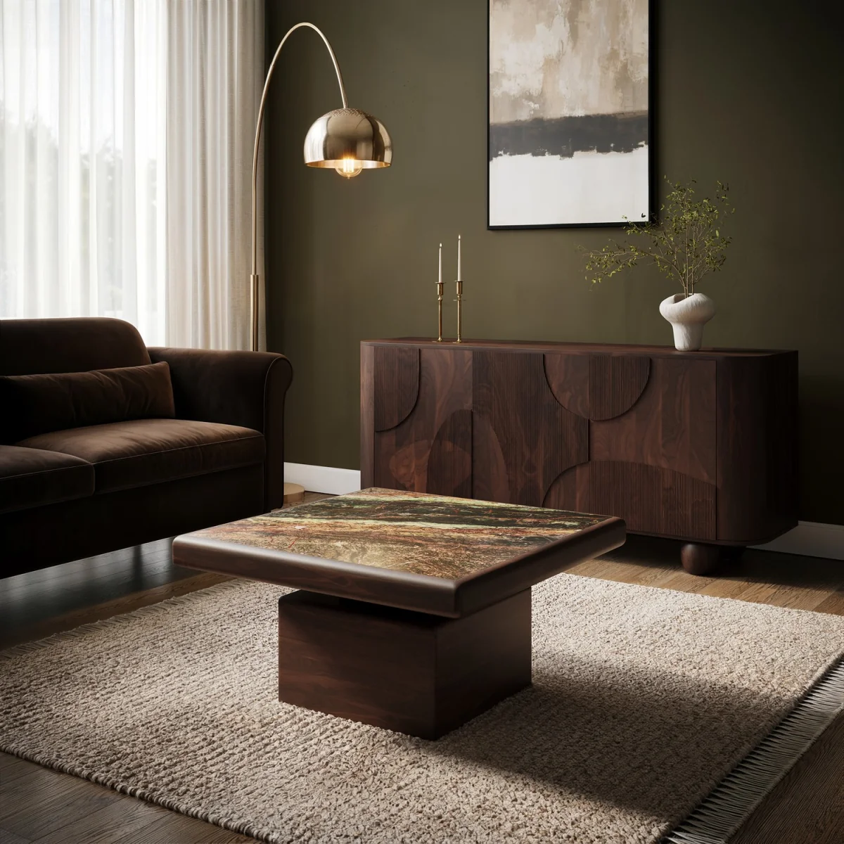 Large Mango Wood and Green Marble Square Coffee Table - Rana – image 1