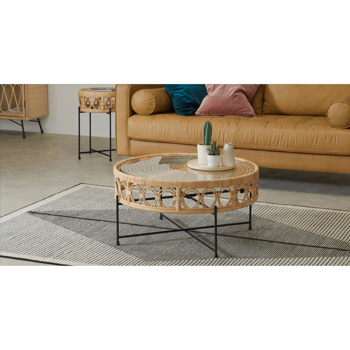 Moreno Coffee Table, Natural Cane & Glass – image 3