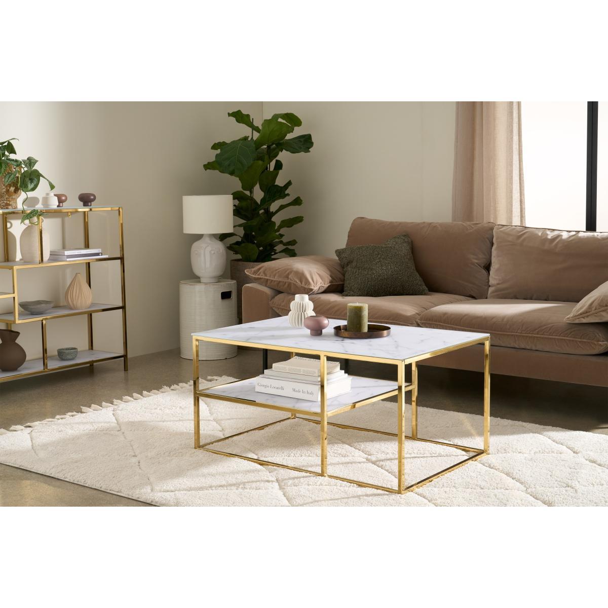Alisma 2 Layer Square Coffee Table, Frosted Marble Effect Glass & Brass – image 4