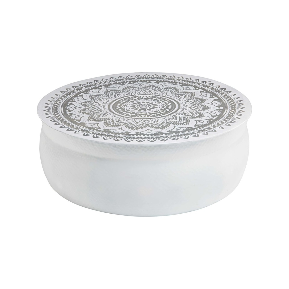White hammered aluminium coffee table with silver motifs Mandala – image 1