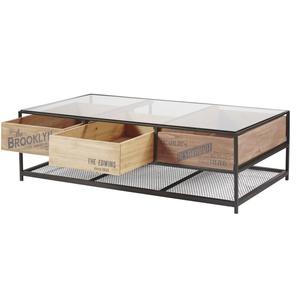 Black Metal and Glass 3-Drawer Industrial Coffee Table Papel – image 3
