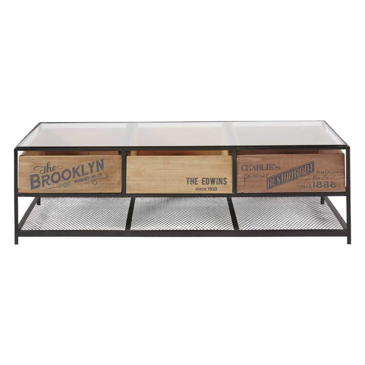 Black Metal and Glass 3-Drawer Industrial Coffee Table Papel – image 2