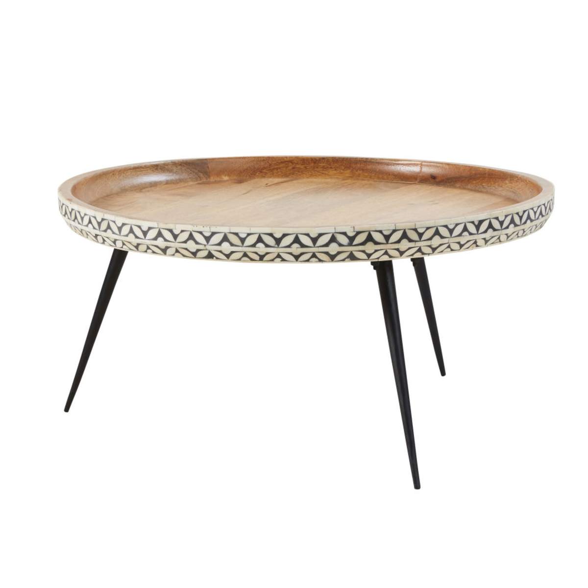 Round Black Metal and Carved Solid Mango Wood Coffee Table Krishna – image 2