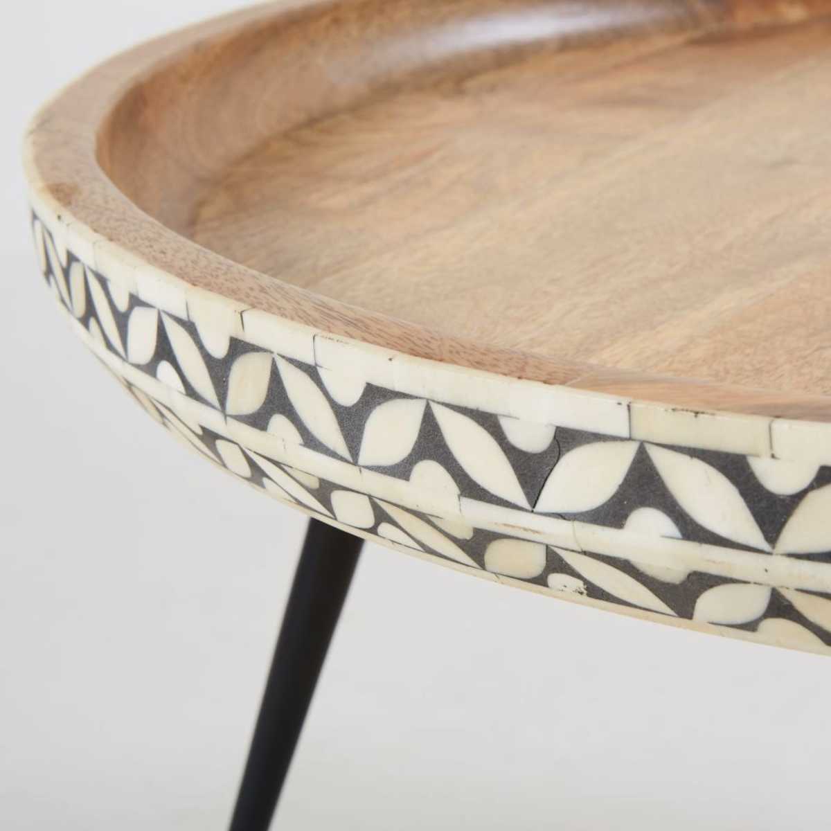 Round Black Metal and Carved Solid Mango Wood Coffee Table Krishna – image 3