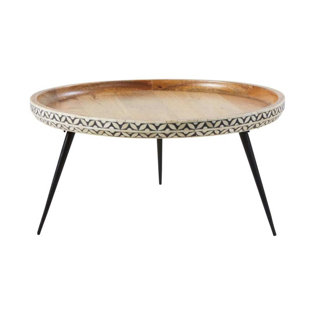 Round Black Metal and Carved Solid Mango Wood Coffee Table Krishna – image 1