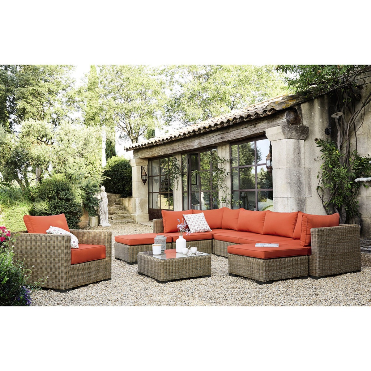 Wicker and tempered glass garden coffee table W 77cm Fidji – image 9