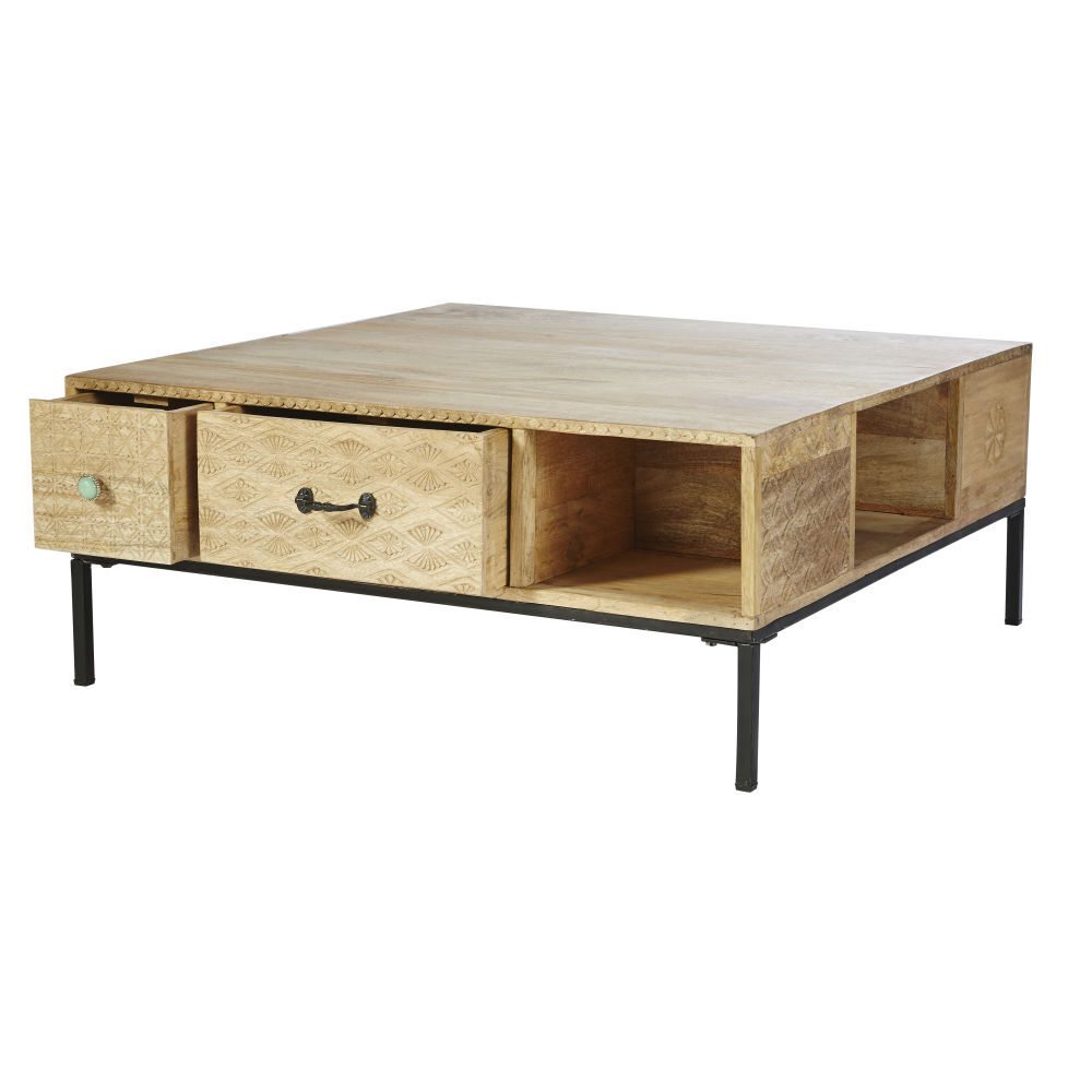Square Solid Mango Wood and Black Metal 4-Drawer Coffee Table – image 4
