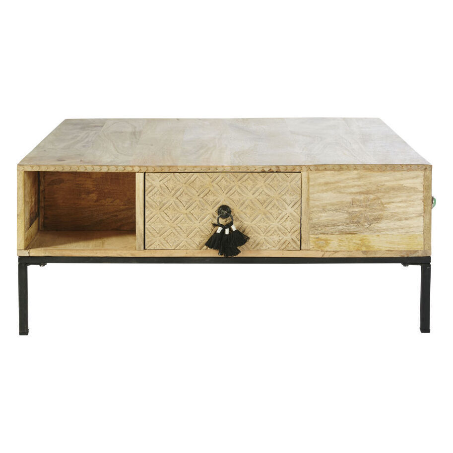 Square Solid Mango Wood and Black Metal 4-Drawer Coffee Table – image 2