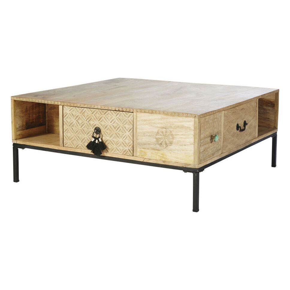 Square Solid Mango Wood and Black Metal 4-Drawer Coffee Table – image 1