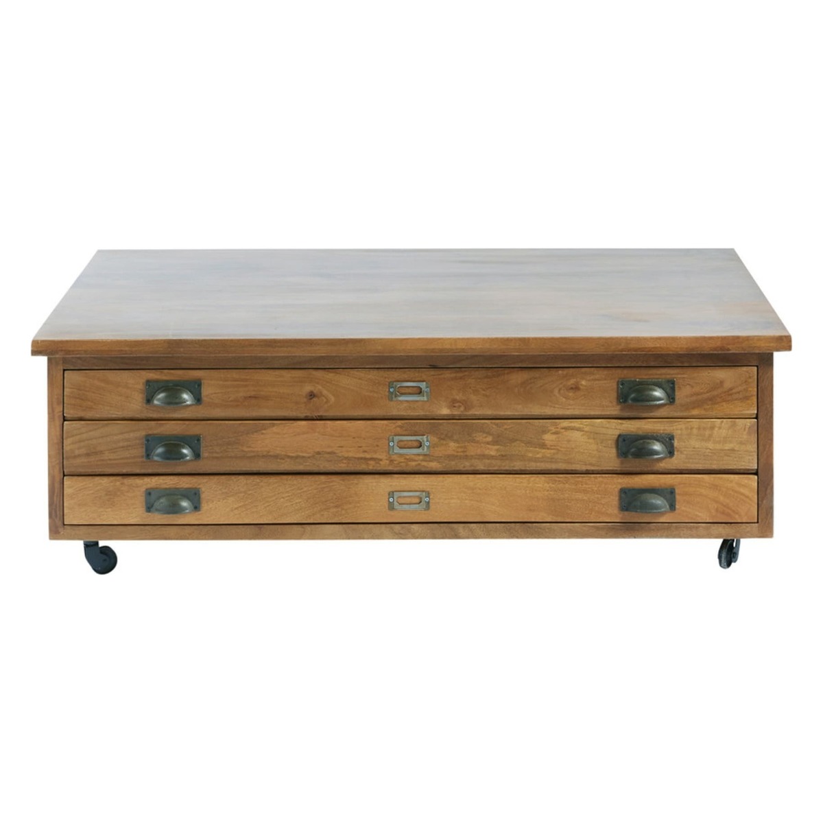 Solid Mango Wood 3-Drawer Wheeled Coffee Table Hipster – image 2