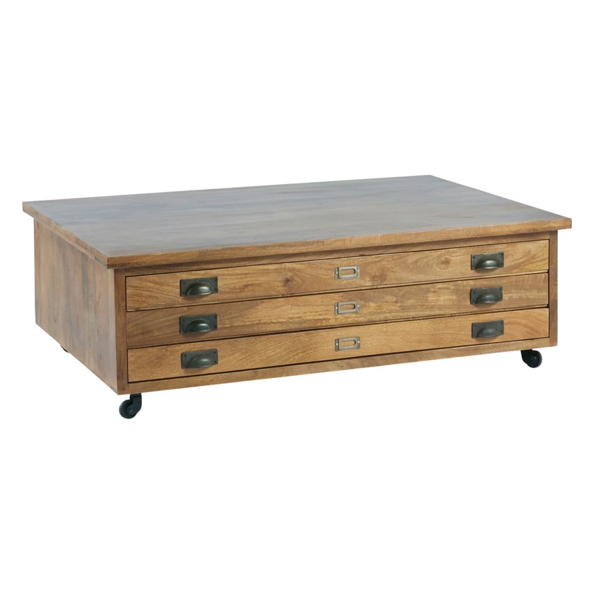 Solid Mango Wood 3-Drawer Wheeled Coffee Table Hipster – image 1