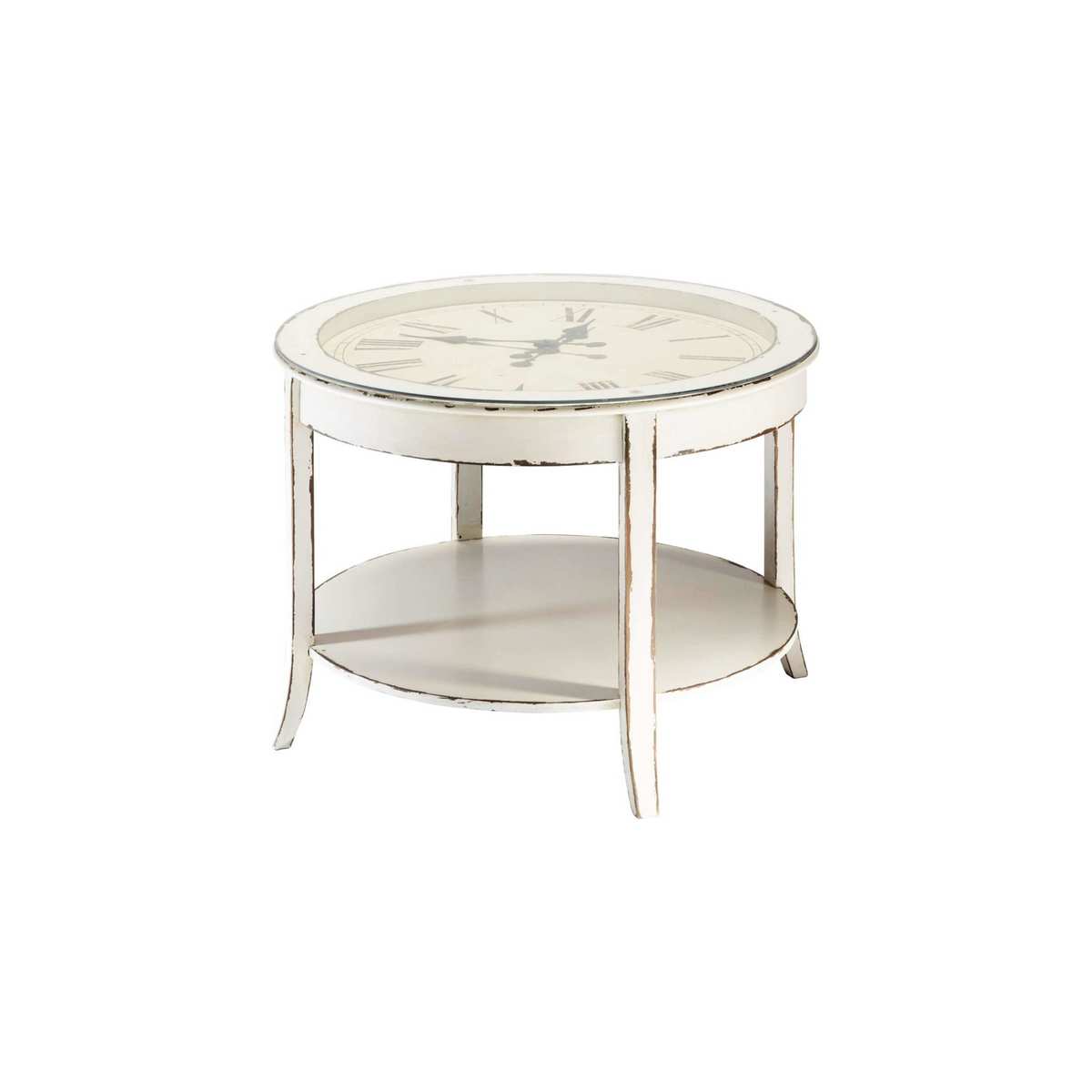 Glass and wood round clock coffee table in white with distressed finish D 72cm Teatime – image 1