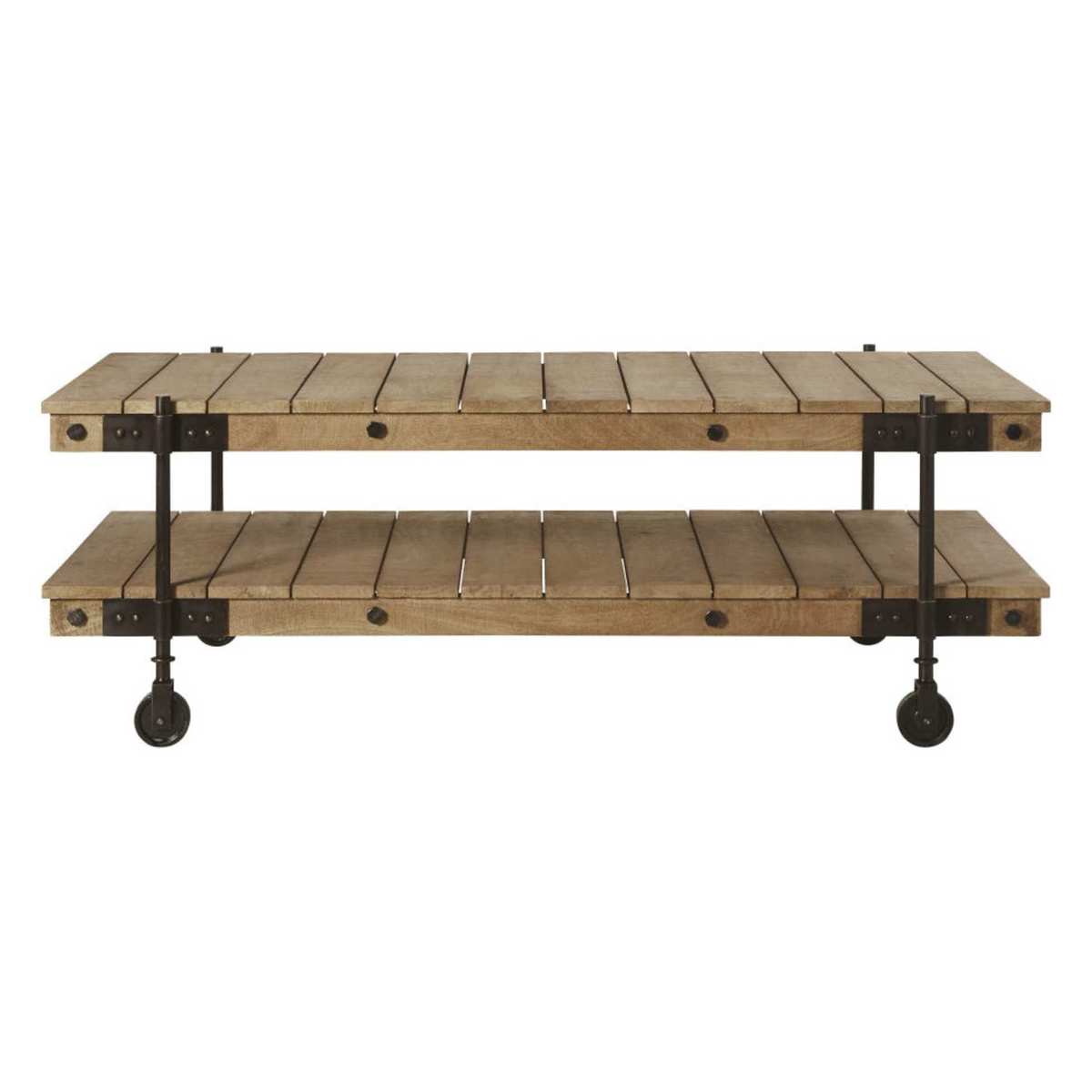 Industrial Wheeled Coffee Table in Mango Wood and Black Metal Carrello – image 2