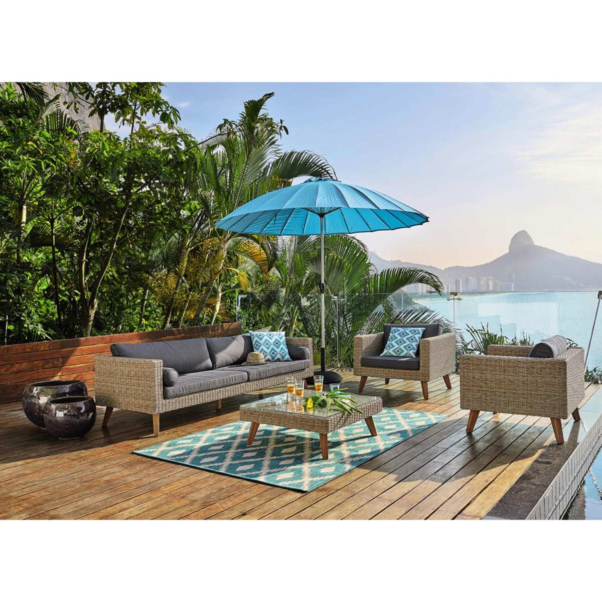 Wicker and tempered glass garden coffee table W 80cm Feroe – image 8