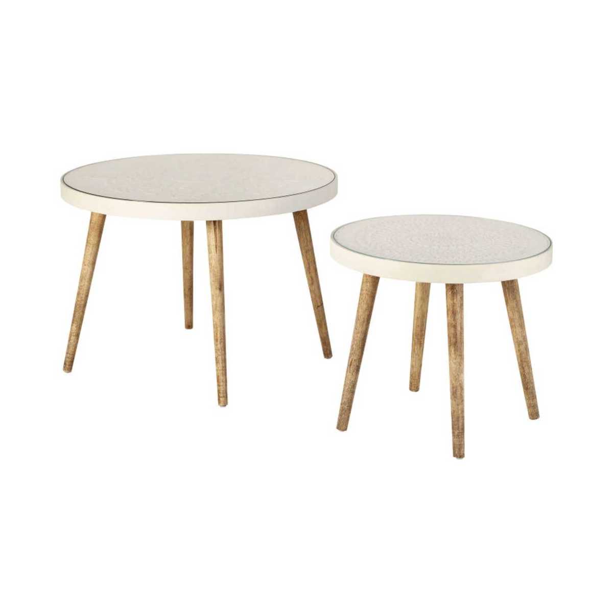 White Glass Nesting Tables with Engraved Designs Kayla – image 1