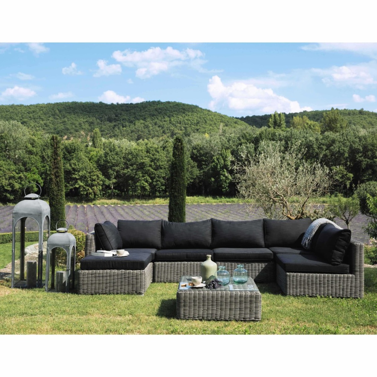 Tempered glass and resin wicker garden coffee table in grey W 77cm Cape Town – image 10