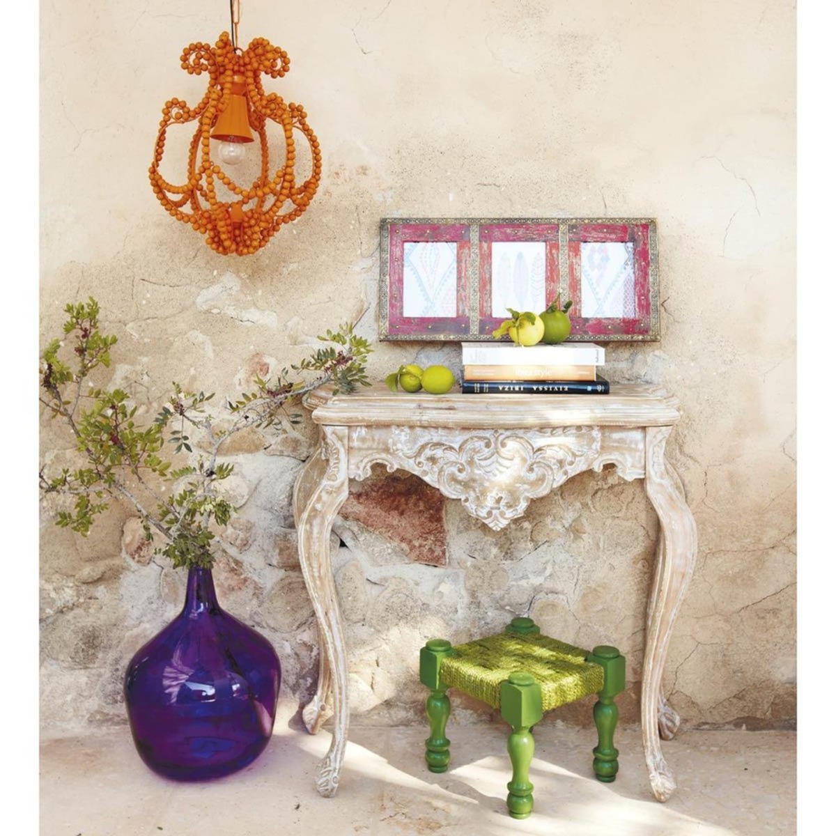Whitewashed mango wood console table in distressed finish W 86cm Neuilly – image 9