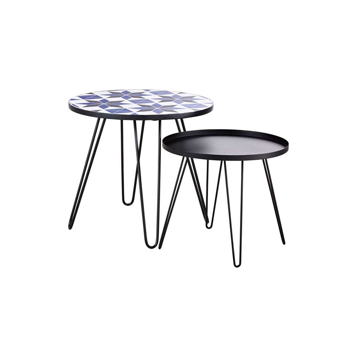 Patterned Tile and Black Metal Garden Coffee Tables (x2) Carioca – image 1