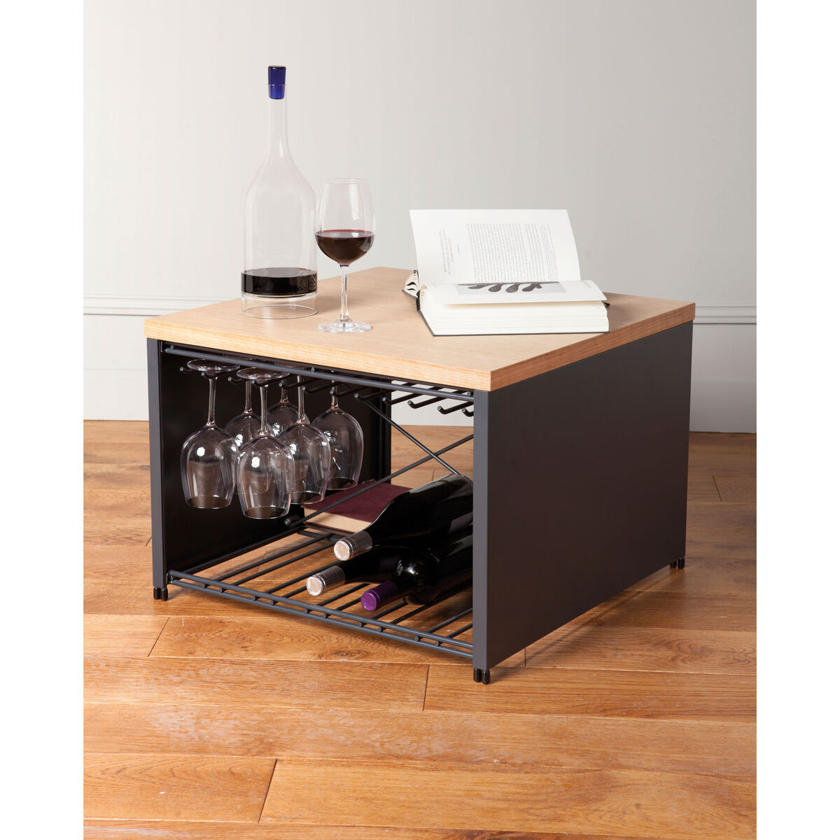 Small barCoffee table - Glass and bottle holder - 57 x 57 x 40 cm by L'Atelier du Vin Grey/Natural wood – image 2