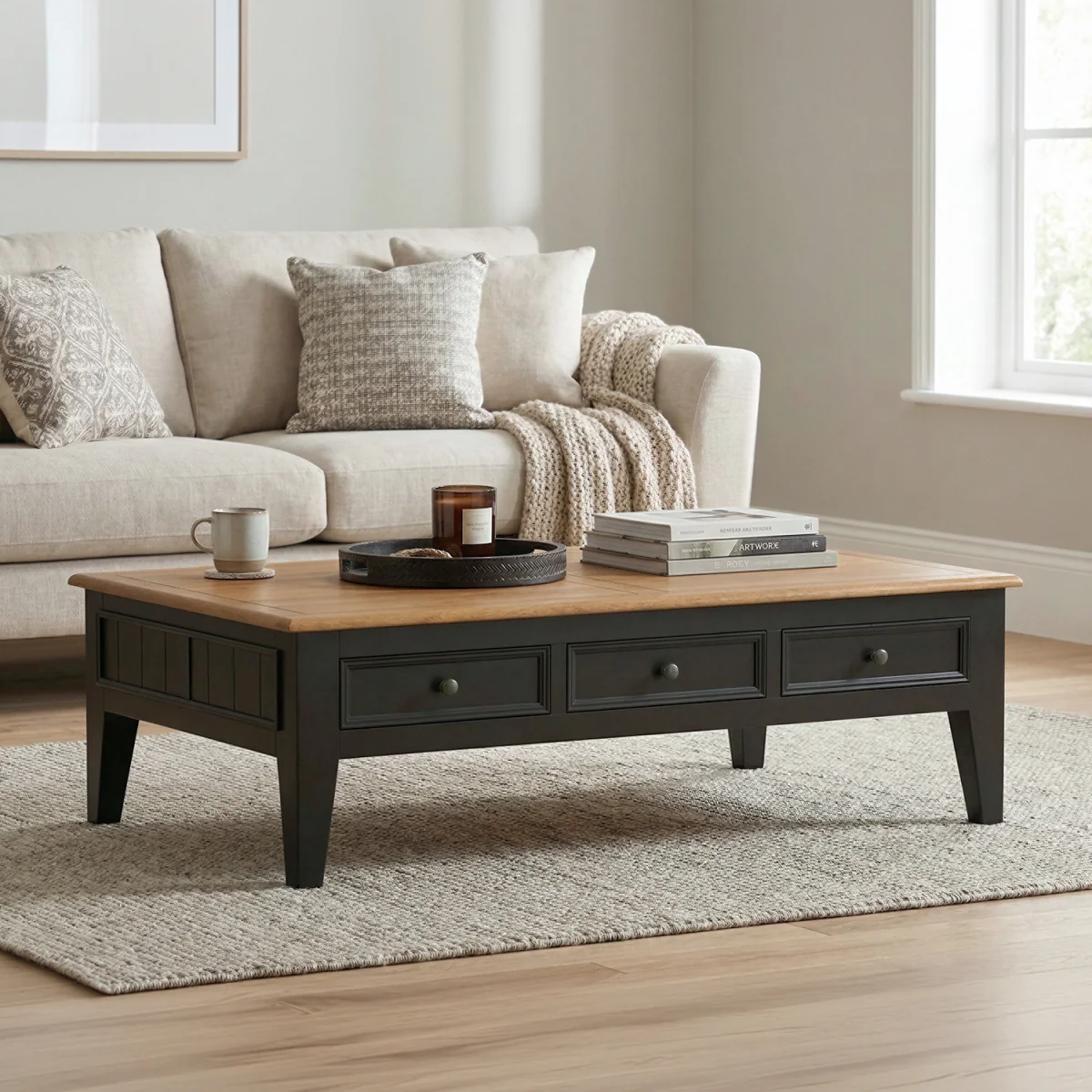 Charlton Oak and Black Painted Extra Large 6 Drawer Coffee Table – image 2