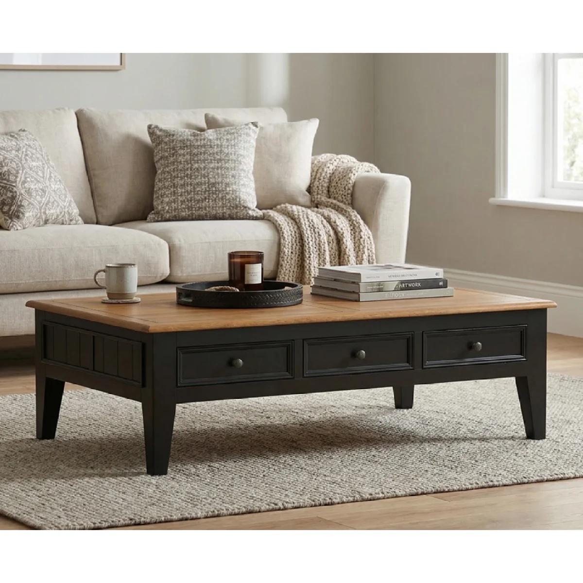 Charlton Oak and Black Painted Extra Large 6 Drawer Coffee Table – image 3