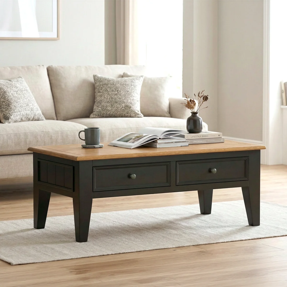 Charlton Oak and Black Painted 4 Drawer Coffee Table – image 2