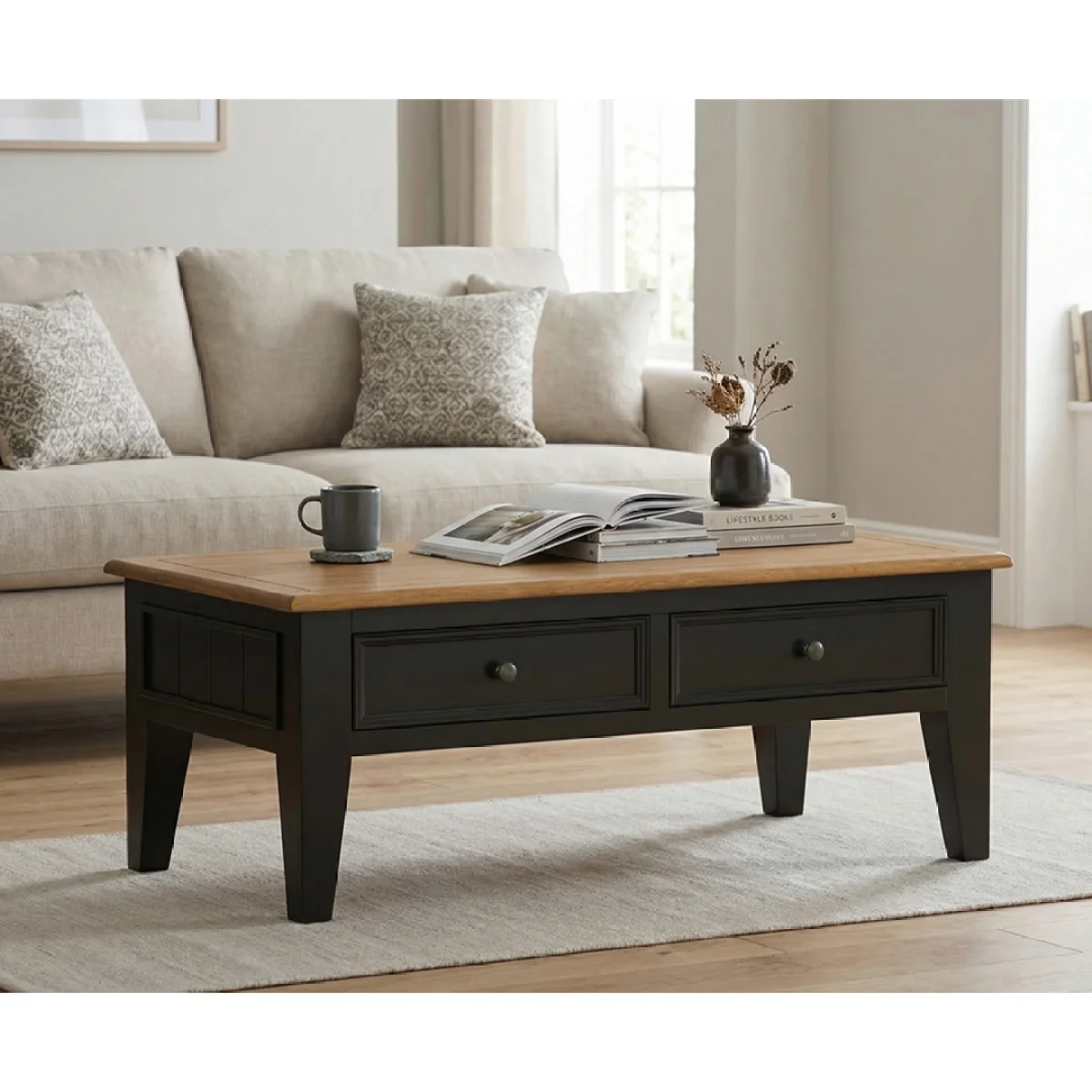 Charlton Oak and Black Painted 4 Drawer Coffee Table – image 3