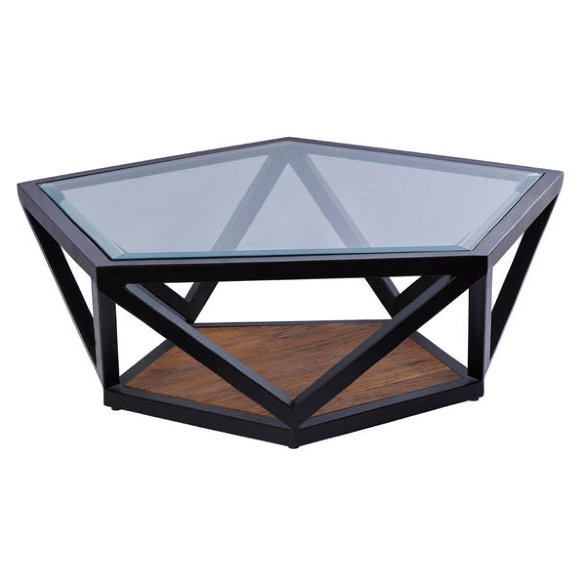 Olivia's Cleo Pentagon Black Coffee Table Clear Glass And Teak Wood – image 3