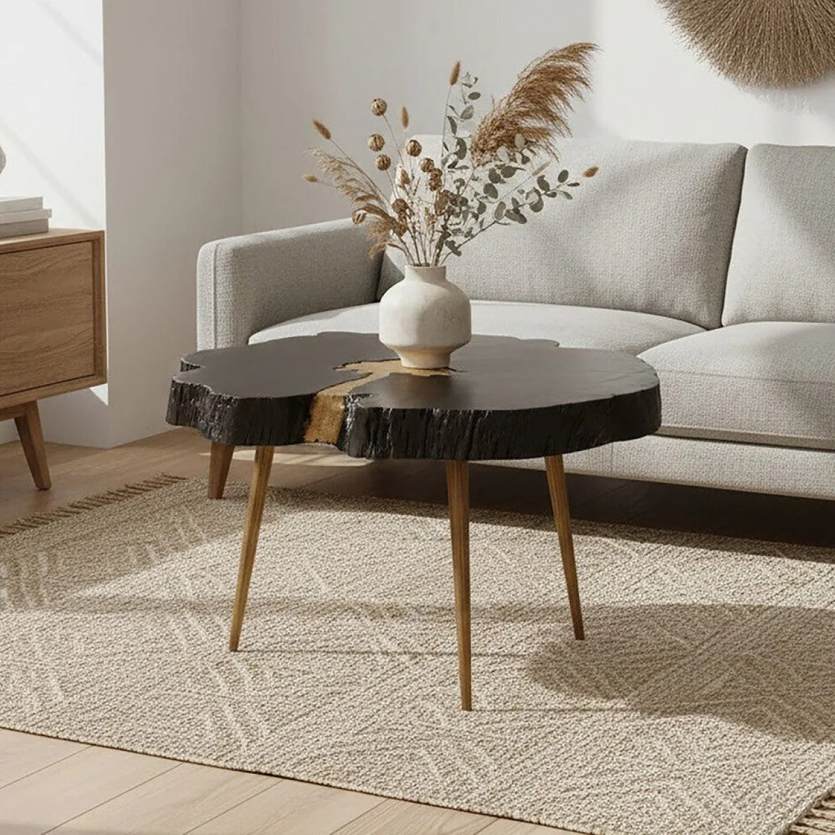 Asamra Black Acacia Wood Live Edge Coffee Table with Gold Finish Legs – image 1