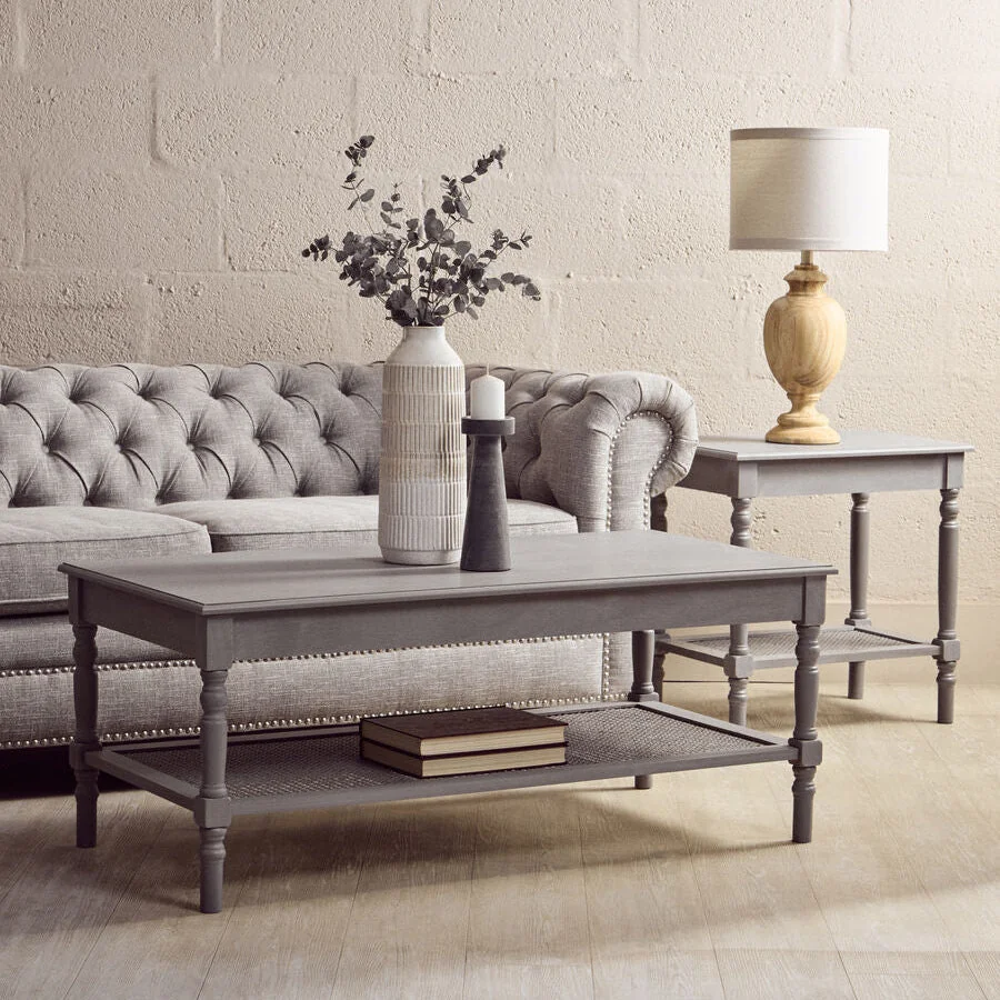 Heritage Grey Wash Wooden Coffee Table with Rattan Shelf – image 3